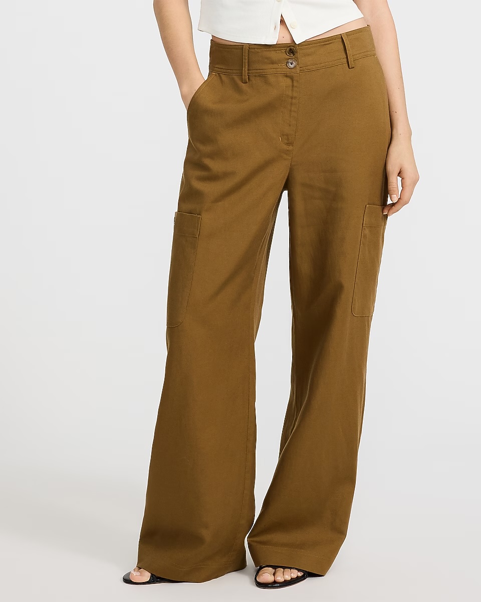 express, Linen-Blend High Waisted Wide Leg Cargo Trouser