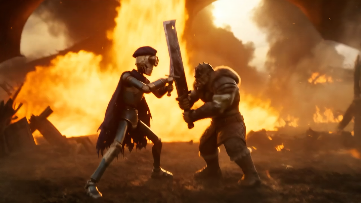 Renders of a robot fighting orcs