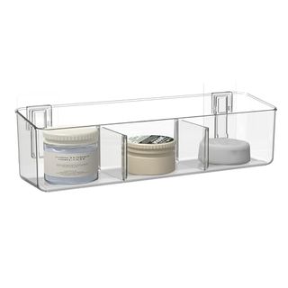 Plastic slim organizer for inside doors that is shown here with three two plastic internal separators keeping three pots separate