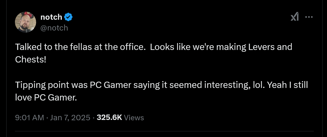 Talked to the fellas at the office.  Looks like we're making Levers and Chests!Tipping point was PC Gamer saying it seemed interesting, lol. Yeah I still love PC Gamer.