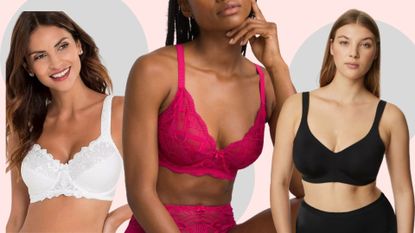 A selection of the best minimiser bras as tested by us, on a pale pink background.