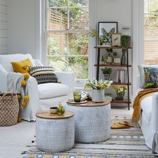 White and grey living room ideas with armchair and greenery