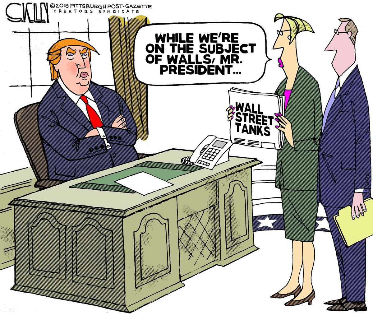 Political cartoon U.S. Trump border wall wall street tanks economy ...