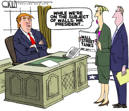 Political cartoon U.S. Trump border wall wall street tanks economy stock market