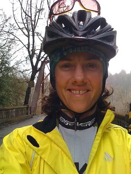 Mary is all geared up for the rain which doesn't stop her from training.