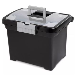 A black document storage box with carry handle