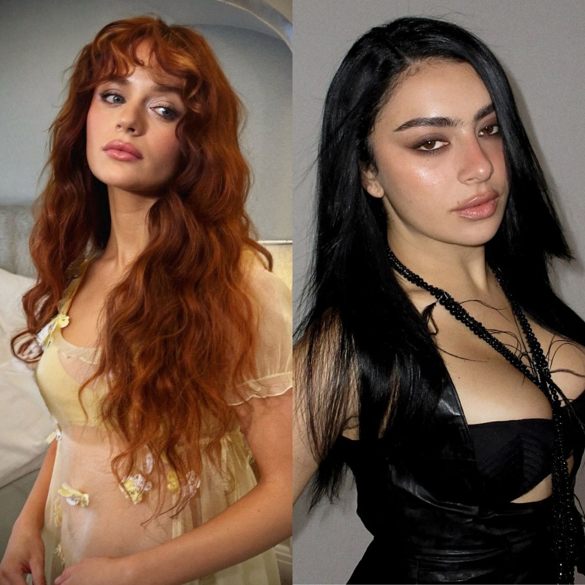 Images of Charli XCX and Joey King wearing trendy dark hair colors.
