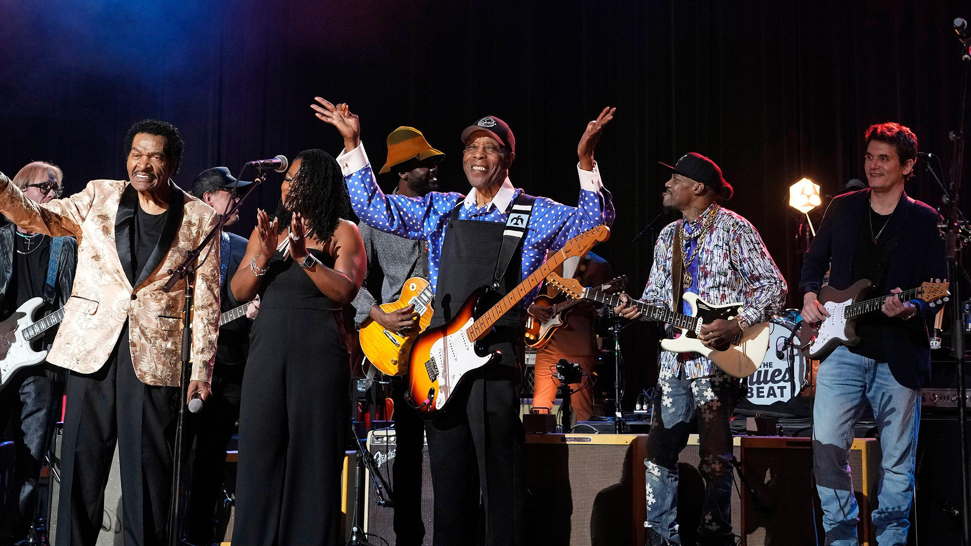 Bobby Rush, from left, Shemekia Copeland, Buddy Guy, Eric Gales and John Mayer perform at Buddy's Got the Blues: A 90th Birthday Concert Celebration at the Radio City Music Hall in New York, Thursday, Oct. 1, 2026.