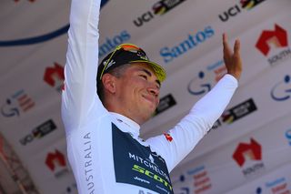 Caleb Ewan in white after stage 1 at the Tour Down Under