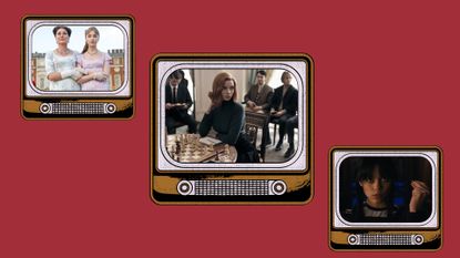 scenes from netflix shows; from left, Bridgerton, The Queen's Gambit and Wednesday all in illustrated TVs on a maroon background