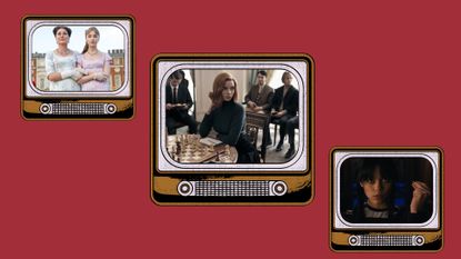 scenes from netflix shows; from left, Bridgerton, The Queen&#039;s Gambit and Wednesday all in illustrated TVs on a maroon background