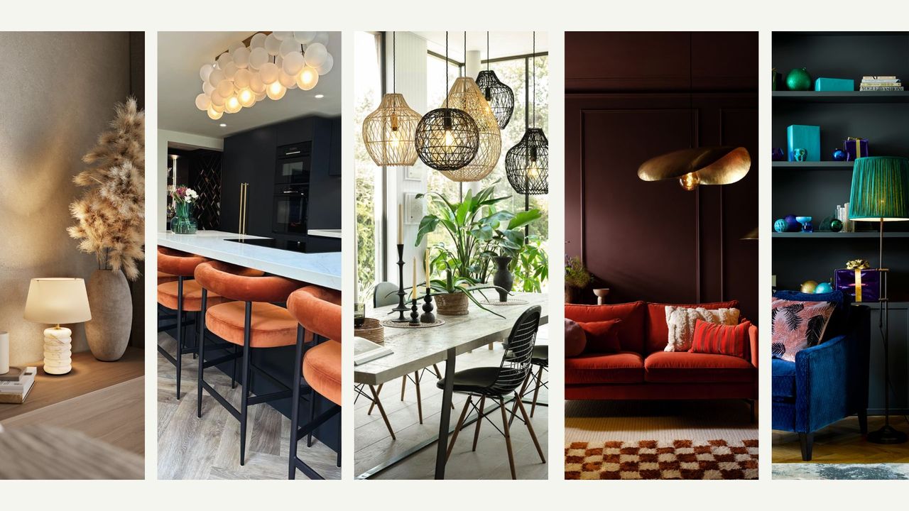 compilation of five rooms showing key lighting trends for 2025