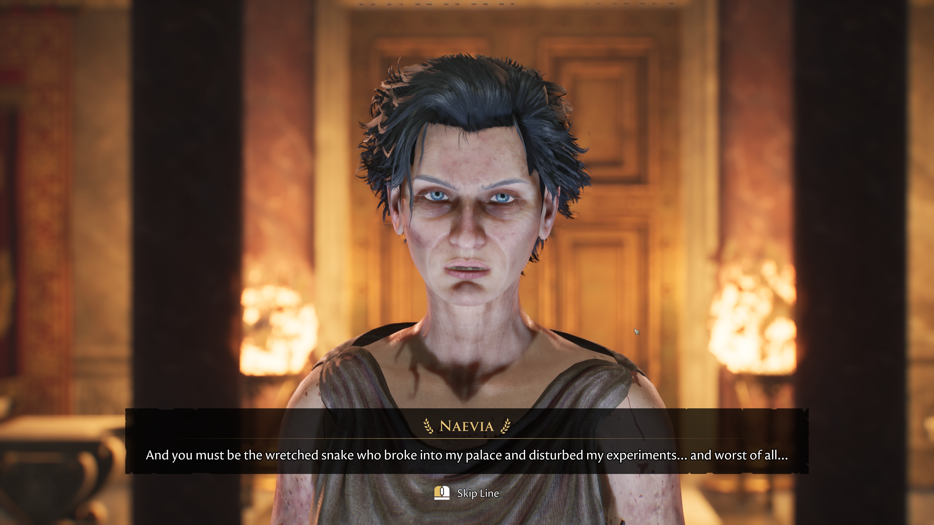 The player confronts Naevia, who appears haggard and furious.