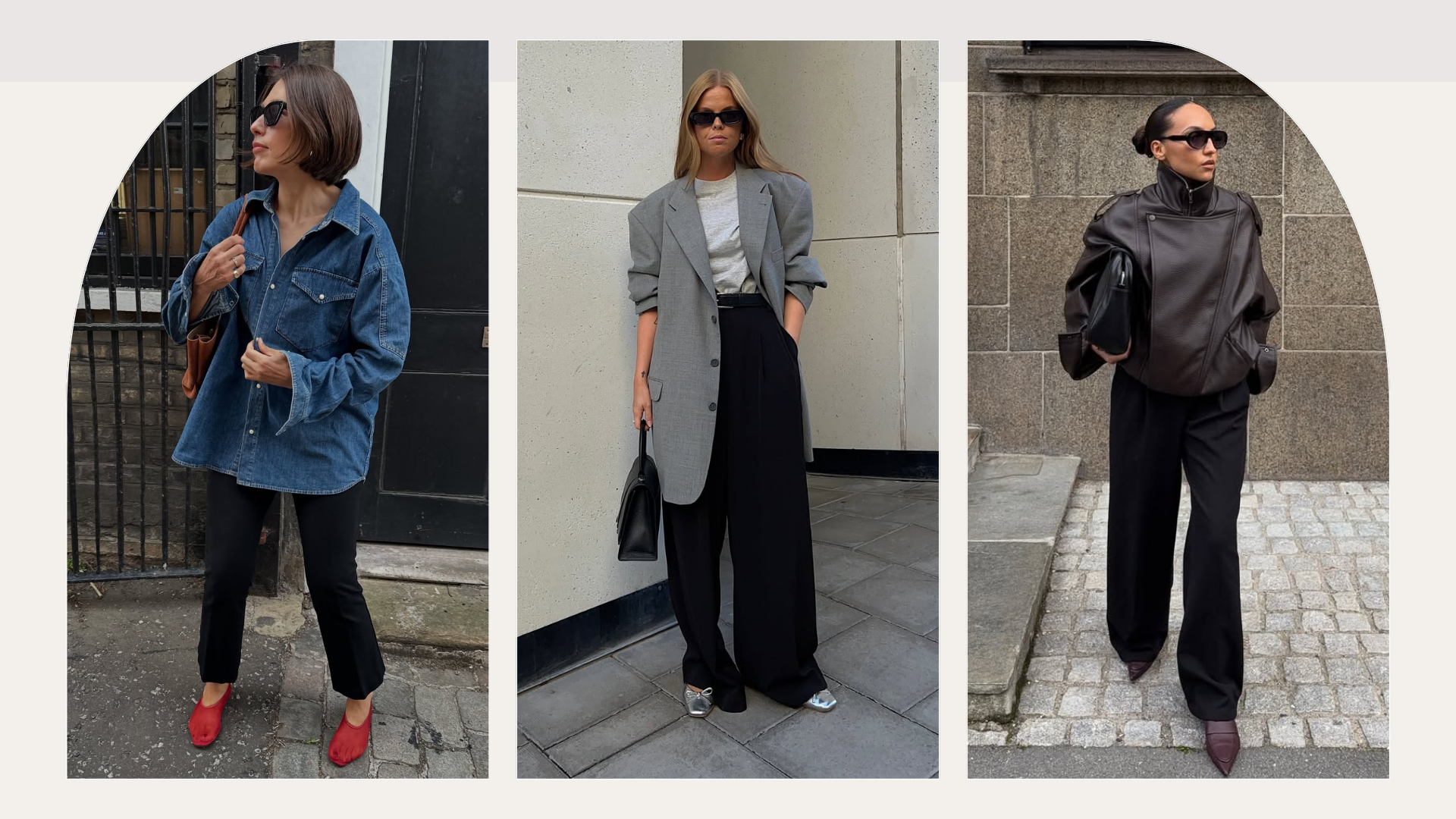 Influencers Lucy Alston, Hanna Johansson, and Ingrid Edvinsen wearing the best shoe colours to wear with black trousers. 