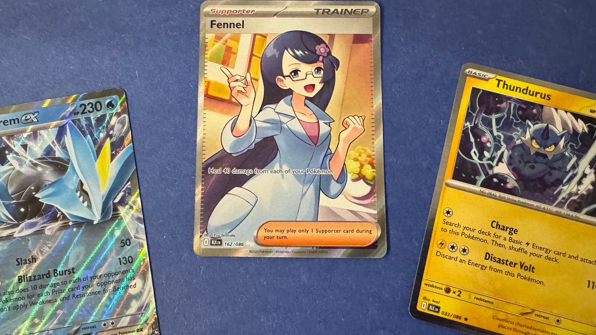 Three cards featuring Pokemon and their abilities along with a smiling women wearing a lab coat sit on a blue surface