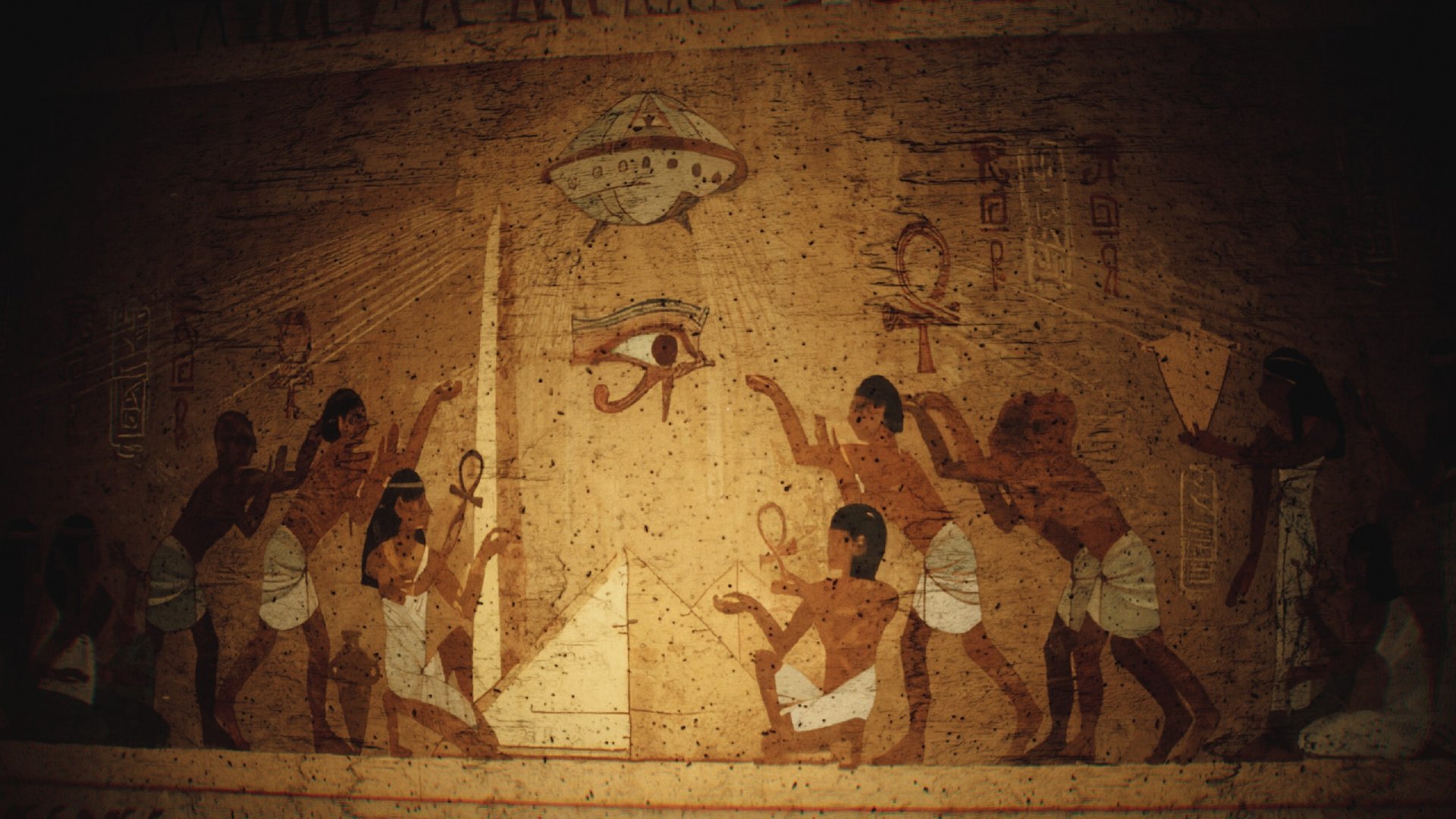 A painting depicting Ancient Egyptians and aliens