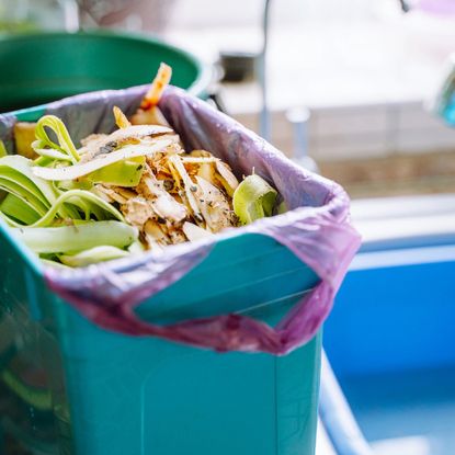 A countertop bin of food scraps for compost