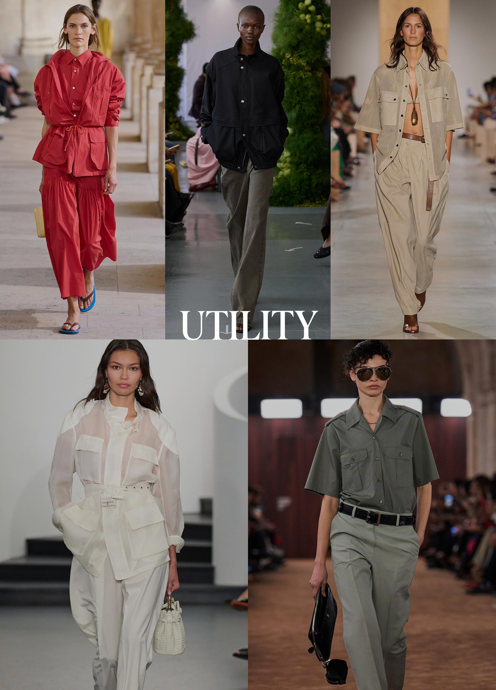 Collage of runway models showcasing spring 2026 fashion trends.