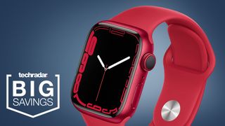 The Apple Watch Series 7 Product Red on a blue background