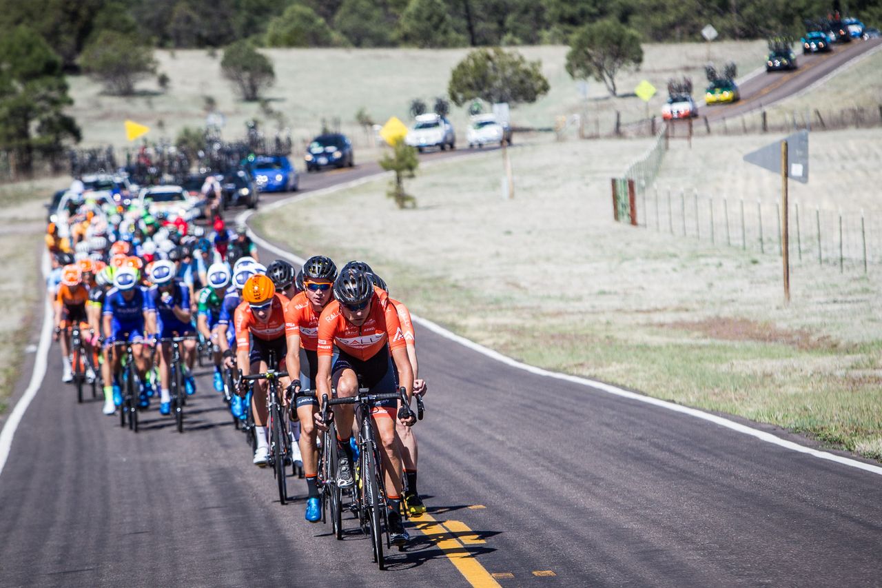 Rally sits on the front to keep the break in check.