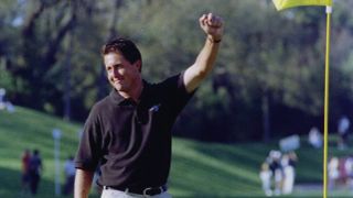 Phil Mickelson acknowledges the fans after his hole-in-one at the 1995 Players Championship