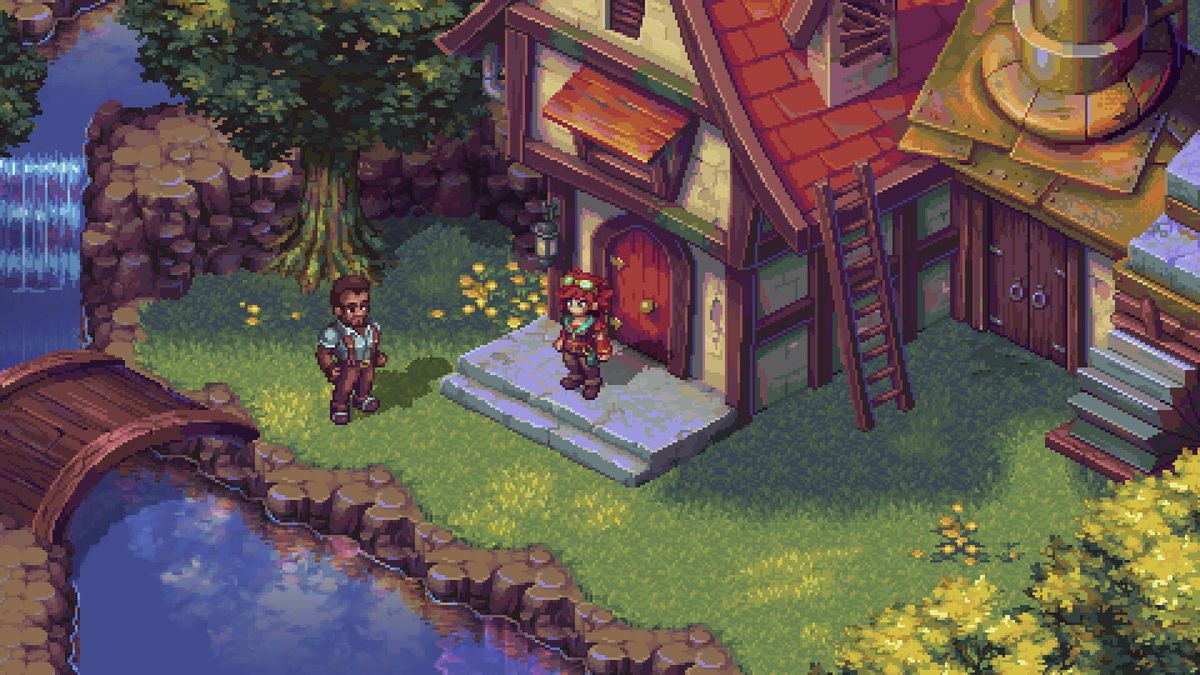 A screenshot from Forge of the Fae, showing two characters standing outside a building in a grassy area.