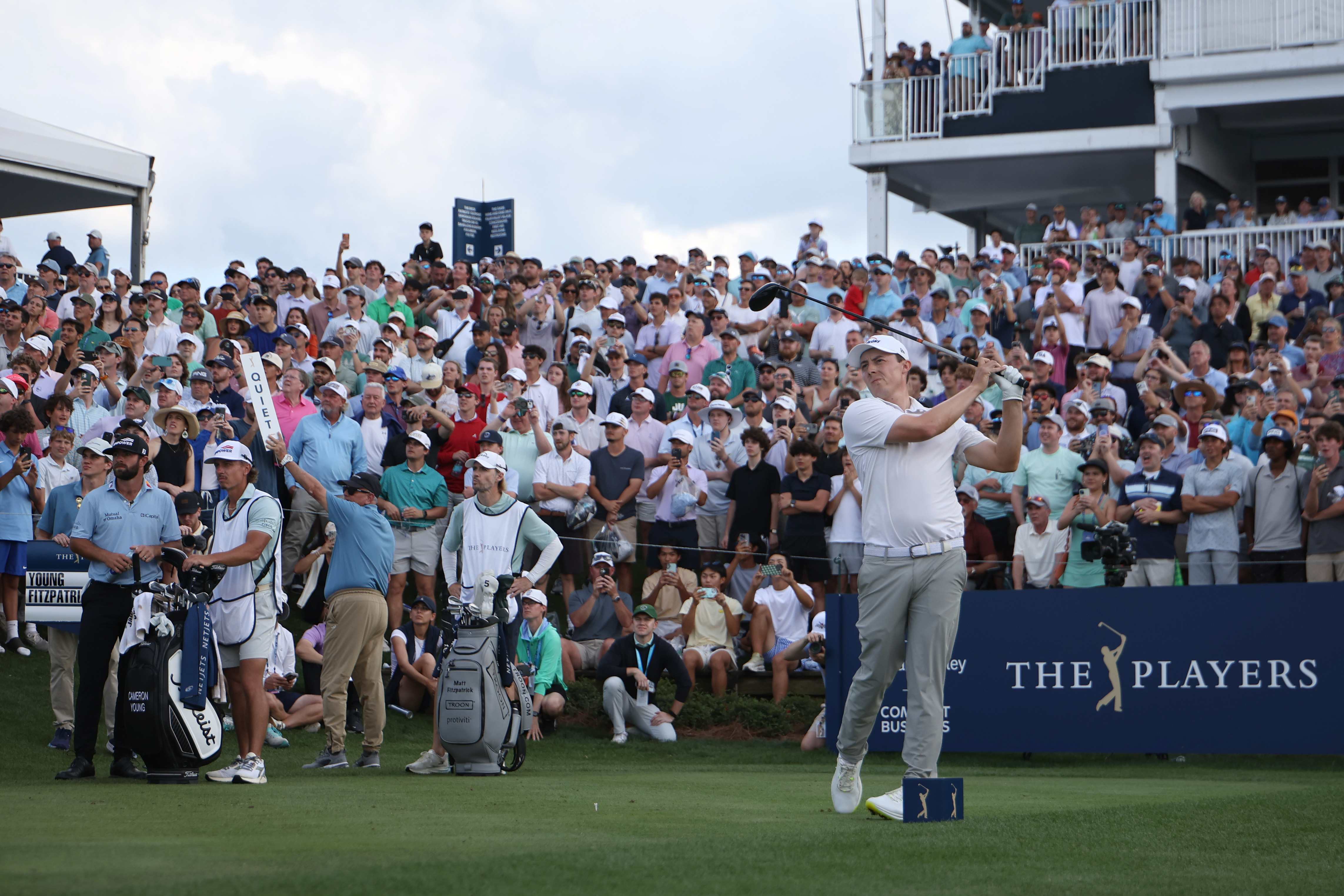 PONTE VEDRA BEACH, FLORIDA - MARCH 15: Matthew Fitzpatrick of England plays his shot from the 18th tee during the final round of THE PLAYERS Championship 2026 at THE PLAYERS Stadium course at TPC Sawgrass on March 15, 2026 in Ponte Vedra Beach, Florida. (Photo by James Gilbert/Getty Images)