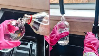 A picture of vinegar being poured into a bottle and a picture of a tap filling up a bottle