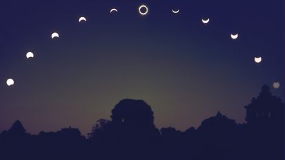 when is the next eclipse feature image; Eclipse in sequence over a silhouette woods at night