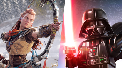 Aloy in Horizon Forbidden West and Darth Vade in Lego Star Wars