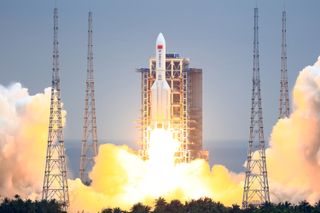 A Long March-5B Y2 rocket carrying the core module of China's space station, Tianhe, blasts off from the Wenchang Spacecraft Launch Site on April 28, 2021