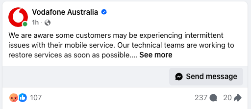 Vodafone Australia's officials statement on its July 2026 outage on Facebook