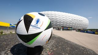 A football before the Munich Allianz Arena for the 2024 UEFA EUros.