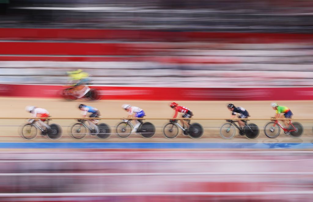 IZU JAPAN AUGUST 08 A general view of Daria Pikulik of Team Poland Allison Beveridge of Team Canada Clara Copponi of Team France Amalie Dideriksen of Team Denmark Holly Edmondston of Team New Zealand Olivija Baleisyte of Lithuania and Jiali Liu of Team China as they compete during the Womens Omnium scratch race 1 round of 4 of the track cycling on day sixteen of the Tokyo 2020 Olympic Games at Izu Velodrome on August 08 2021 in Izu Shizuoka Japan Photo by Justin SetterfieldGetty Images