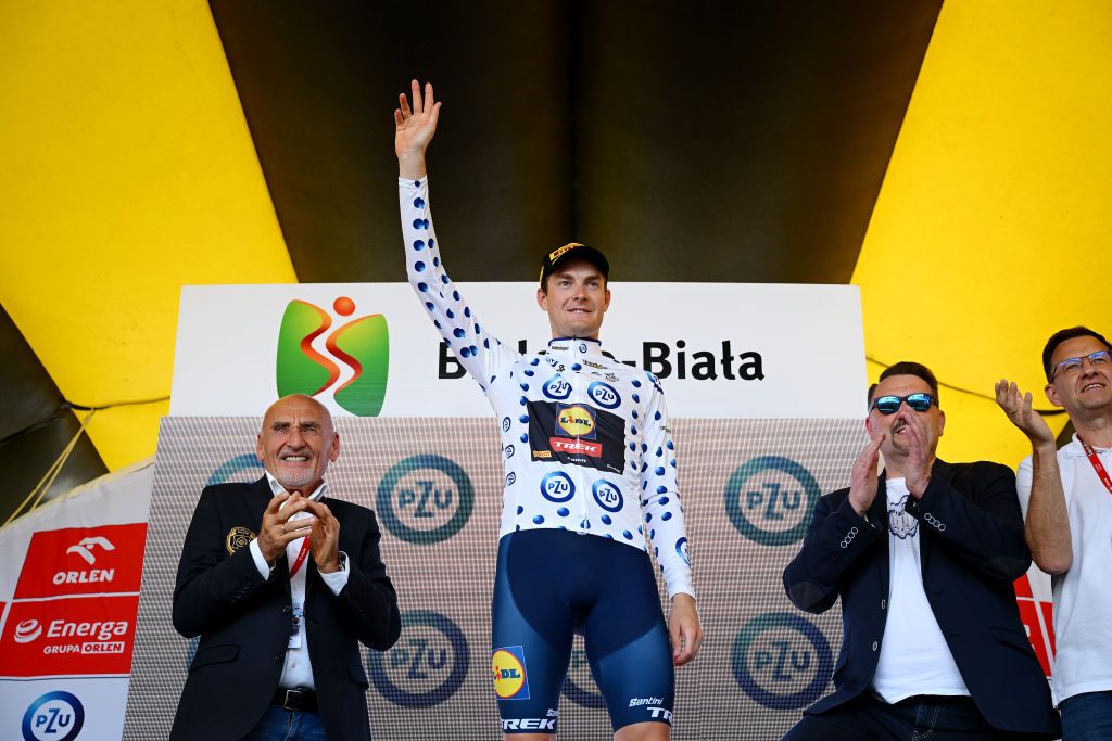 BIELSKOBIALA POLAND AUGUST 02 Markus Hoelgaard of Norway and Team Lidl Trek celebrates at podium as Polka dot Mountain Jersey winner during the 80th Tour de Pologne 2023 Stage 5 a 1988km stage from Pszczyna to BielskoBiala 430m UCIWT on August 02 2023 in BielskoBiala Poland Photo by Dario BelingheriGetty Images