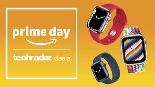 Prime Day Apple Watch deals: Three Apple Watches on a yellow background next to TechRadar Prime Day deals logo