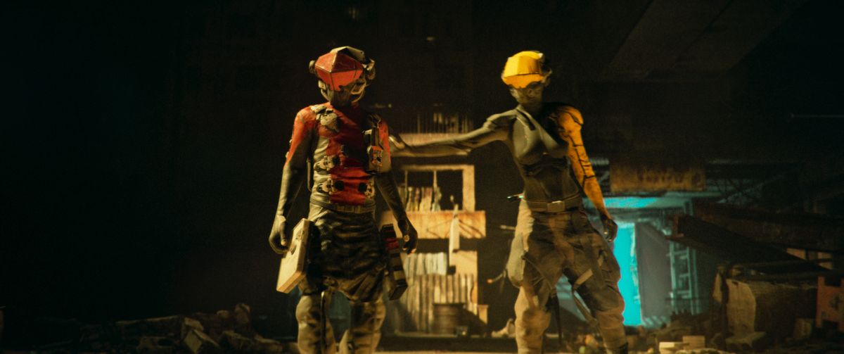 Babiru DaVinci Resolve colour tips; two cyberpunk sci-fi characters stand doorway, lit from behind by blue neon light