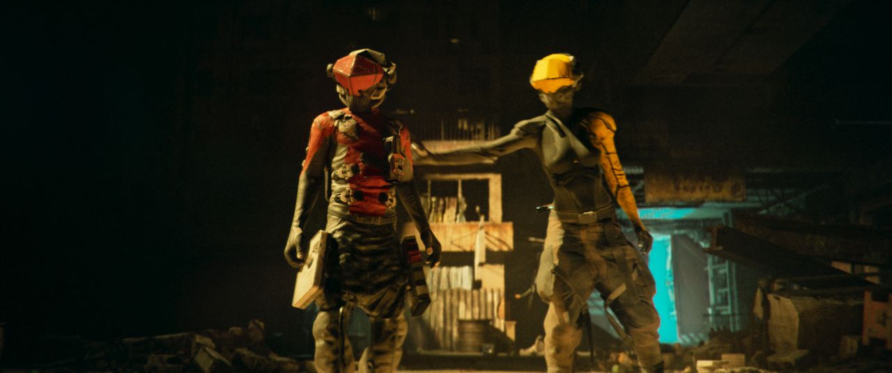 Babiru DaVinci Resolve colour tips; two cyberpunk sci-fi characters stand doorway, lit from behind by blue neon light