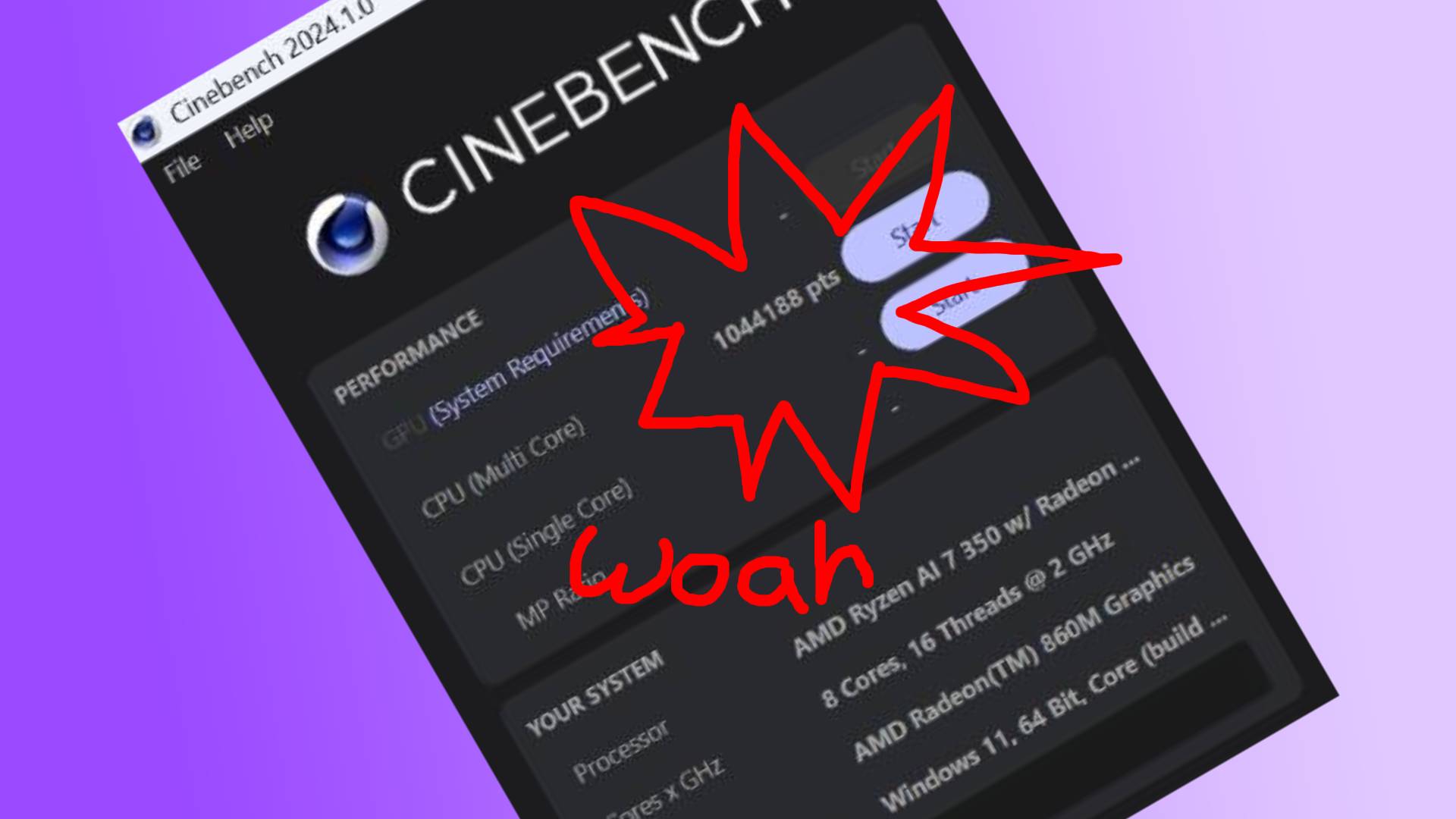A screenshot of a Cinebench R24 score of over one million for the AMD Ryzen AI 7 350, highlighted and with 'woah' written next to it in red