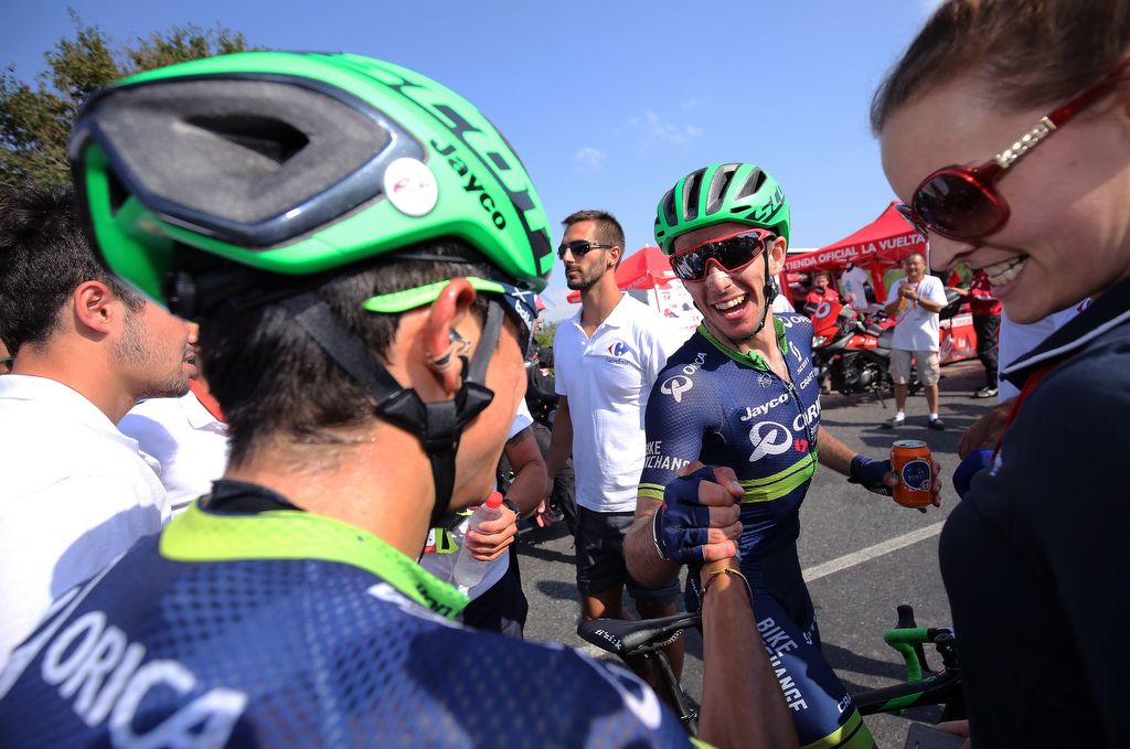 Esteban Chaves congratulates Simon Yates on the stage win