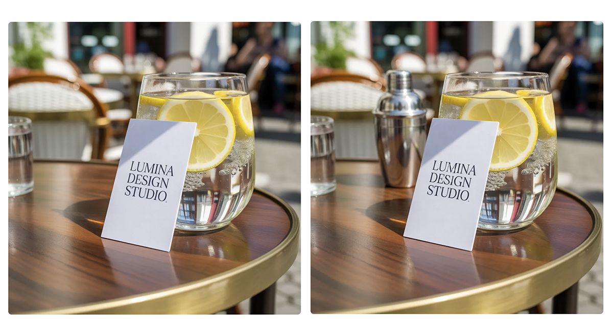 Two AI-generated images of a glass with slices of lemons on a table with an out-of-focus cafe setting in the background