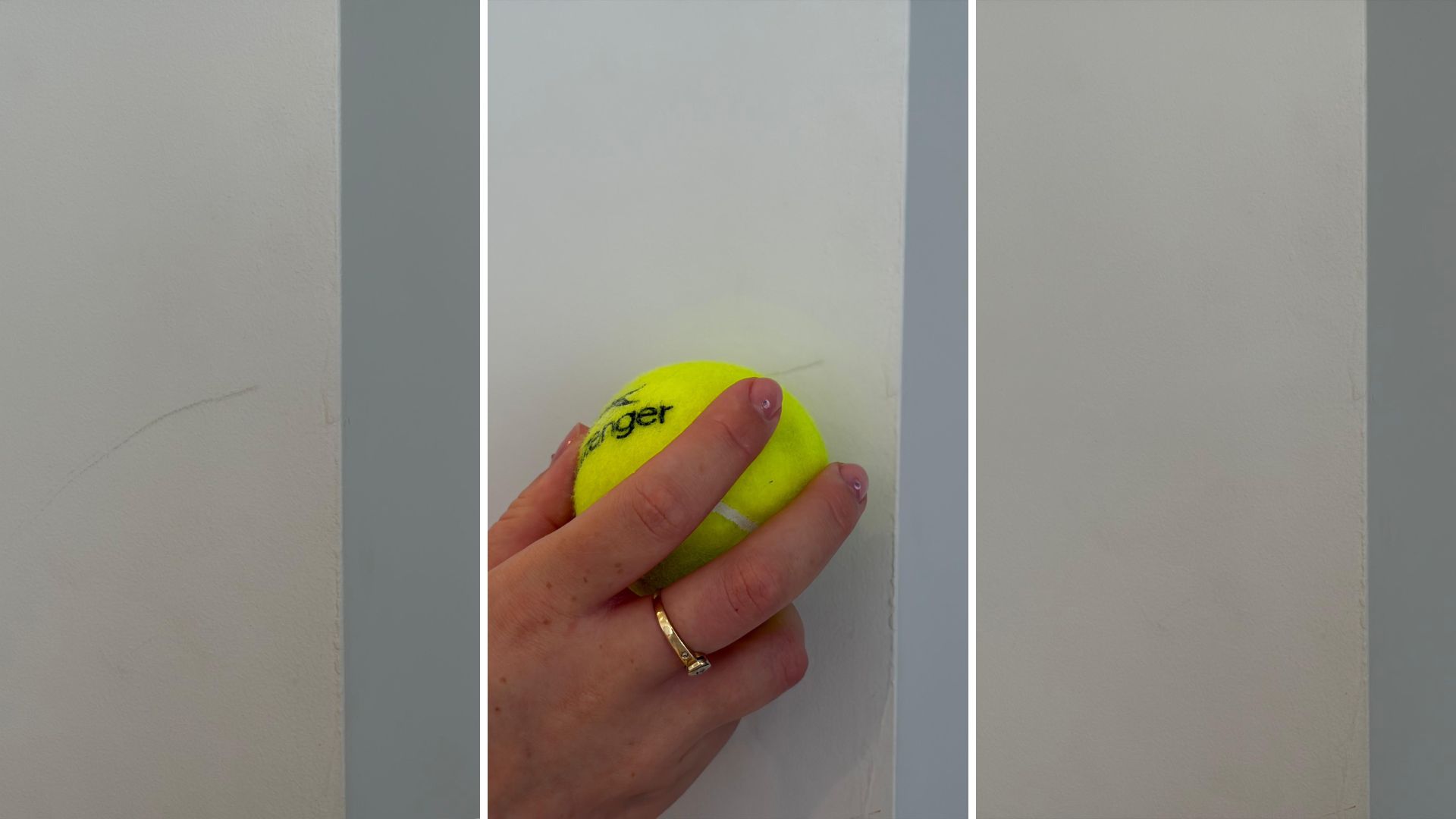composite of proof that the tennis ball scuff hack works on marked wall