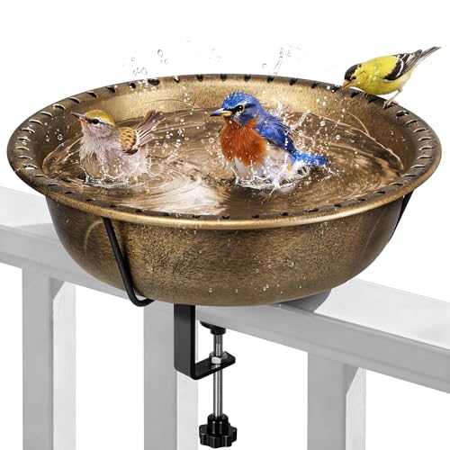 Vivohome Deck Mounted Bird Bath for Outside, Weather-Resistant Abs Bird Bath and Feeder With Adjustable Metal Clamp for Railing, Fence, Balcony, 1.45 Gallons, Copper