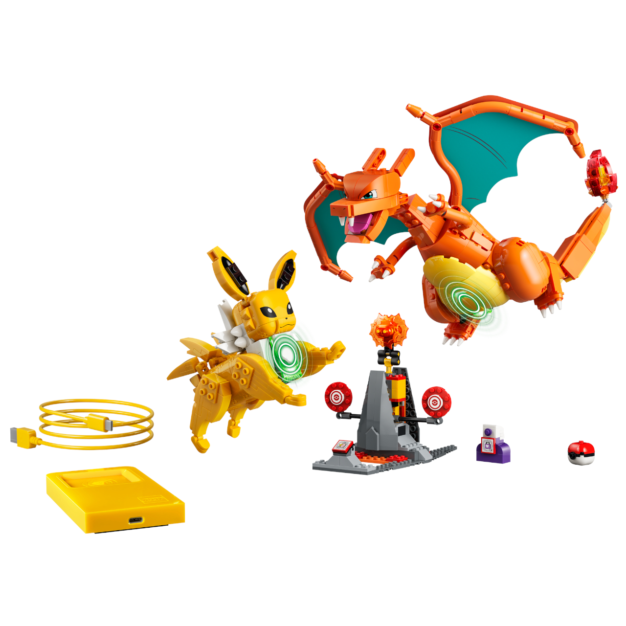 Lego Charizard and Jolteon kits against a white background