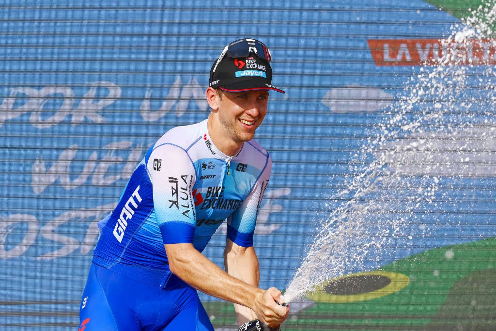 CABO DE GATA, SPAIN - AUGUST 31: Kaden Groves of Australia and Team BikeExchange - Jayco celebrates winning the stage on the podium ceremony after the 77th Tour of Spain 2022, Stage 11 a 191,2km stage from ElPozo AlimentaciÃ³n - Alhama de Murcia to Cabo de Gata / #LaVuelta22 / #WorldTour / on August 31, 2022 in Cabo de Gata, Spain. (Photo by Tim de Waele/Getty Images)