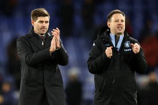 Aston Villa manager Steven Gerrard with Assistant Head Coach Michael Beale during the Premier League match between Crystal Palace and Aston Villa at Selhurst Park on November 27, 2021 in London, England.