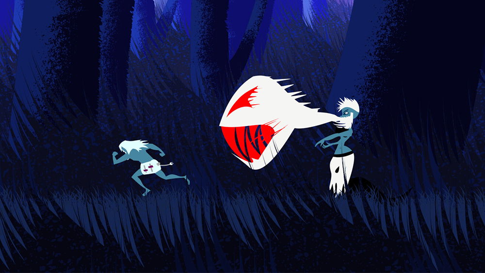Image from Necrowave indie game with striking blue and red colours