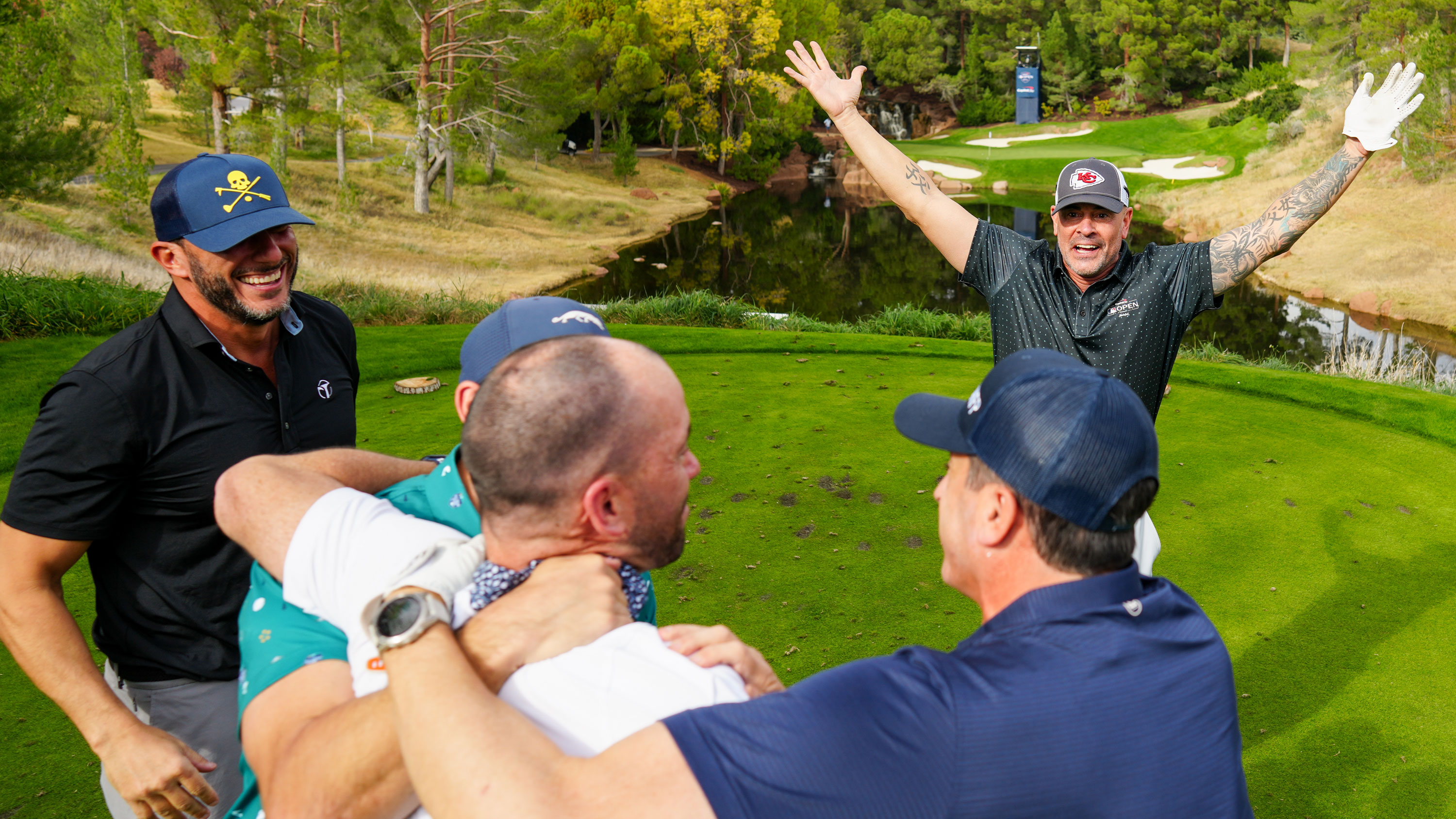 a group of golfers celebrating a hole-in-one