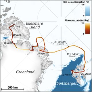 Satellite data showing the path and speed of the arctic fox's journey.