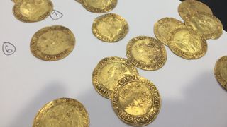 Here we see a group of gold coins against a white background.